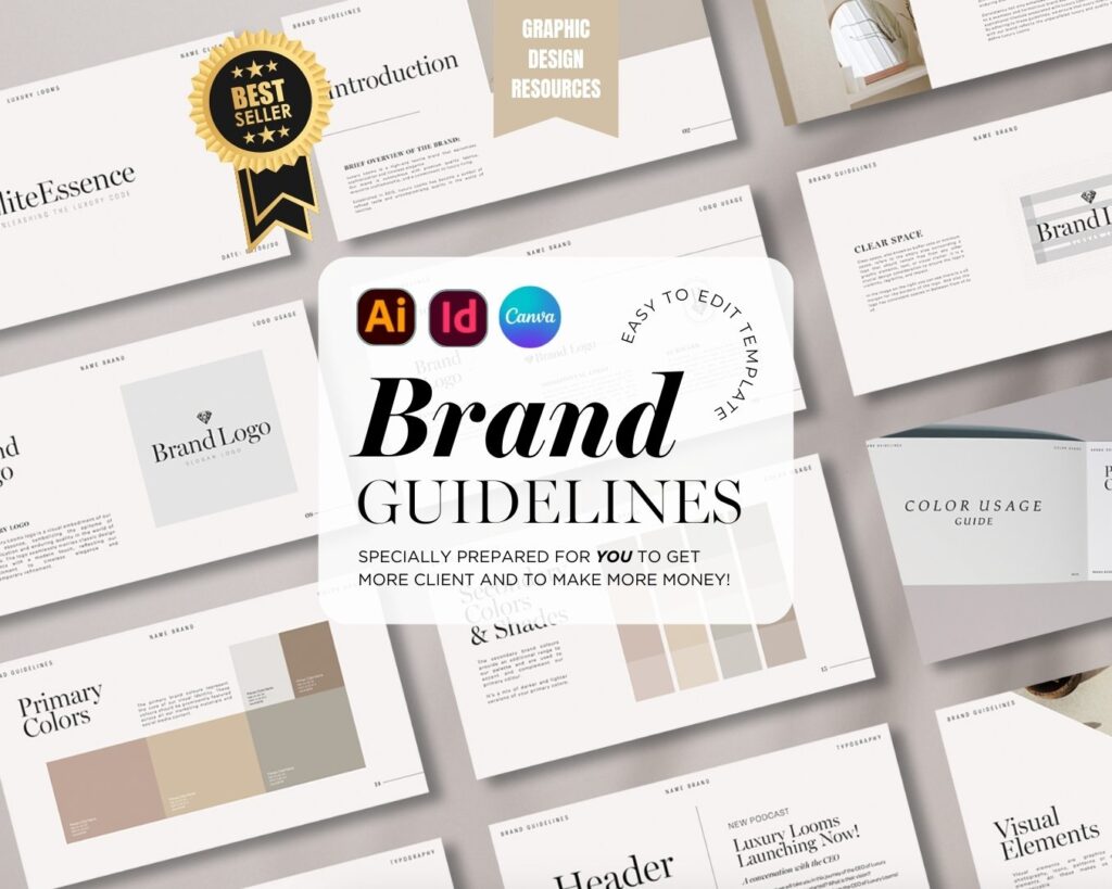 Brand Guidelines Template for Illustrator Indesign and Canva